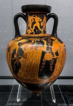 250px Kleophrades Painter ARV 182 6 young athletes Dionysos with maenads and satyrs (01).jpg